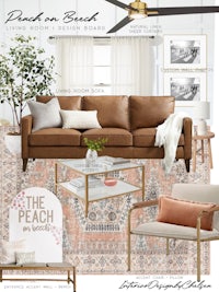 a living room with a tan couch and a fan