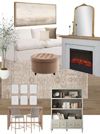 a living room with a fireplace, dining table and chairs